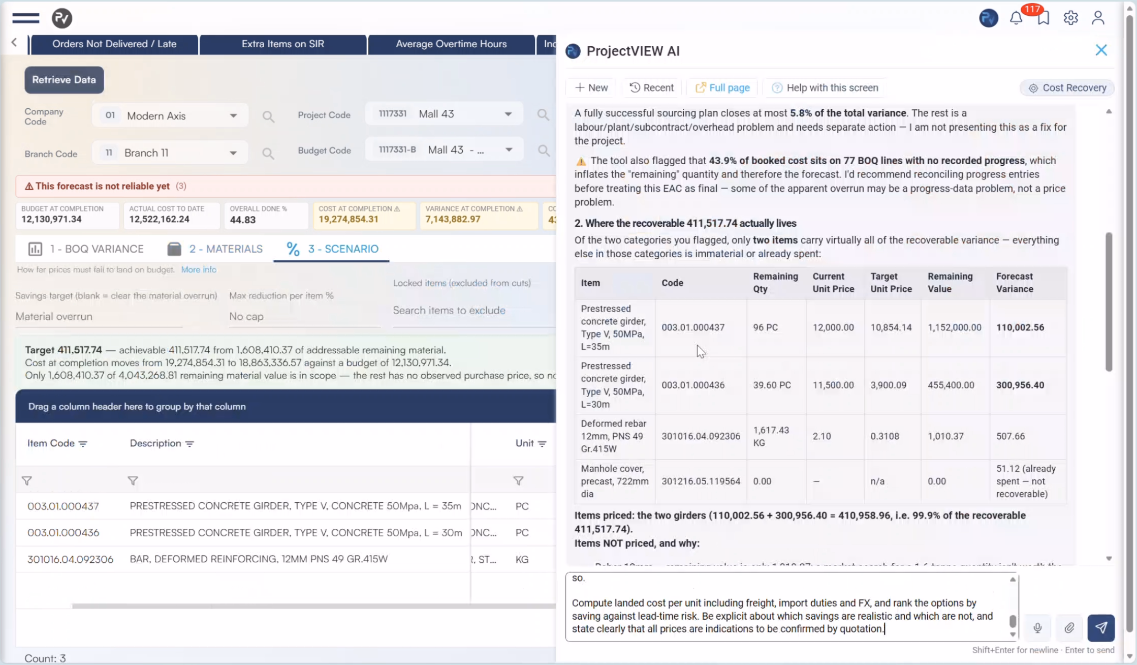 ProjectVIEW AI analyses cost-at-completion variance, flags incomplete progress data and identifies material sourcing recovery options within ERP cost control.