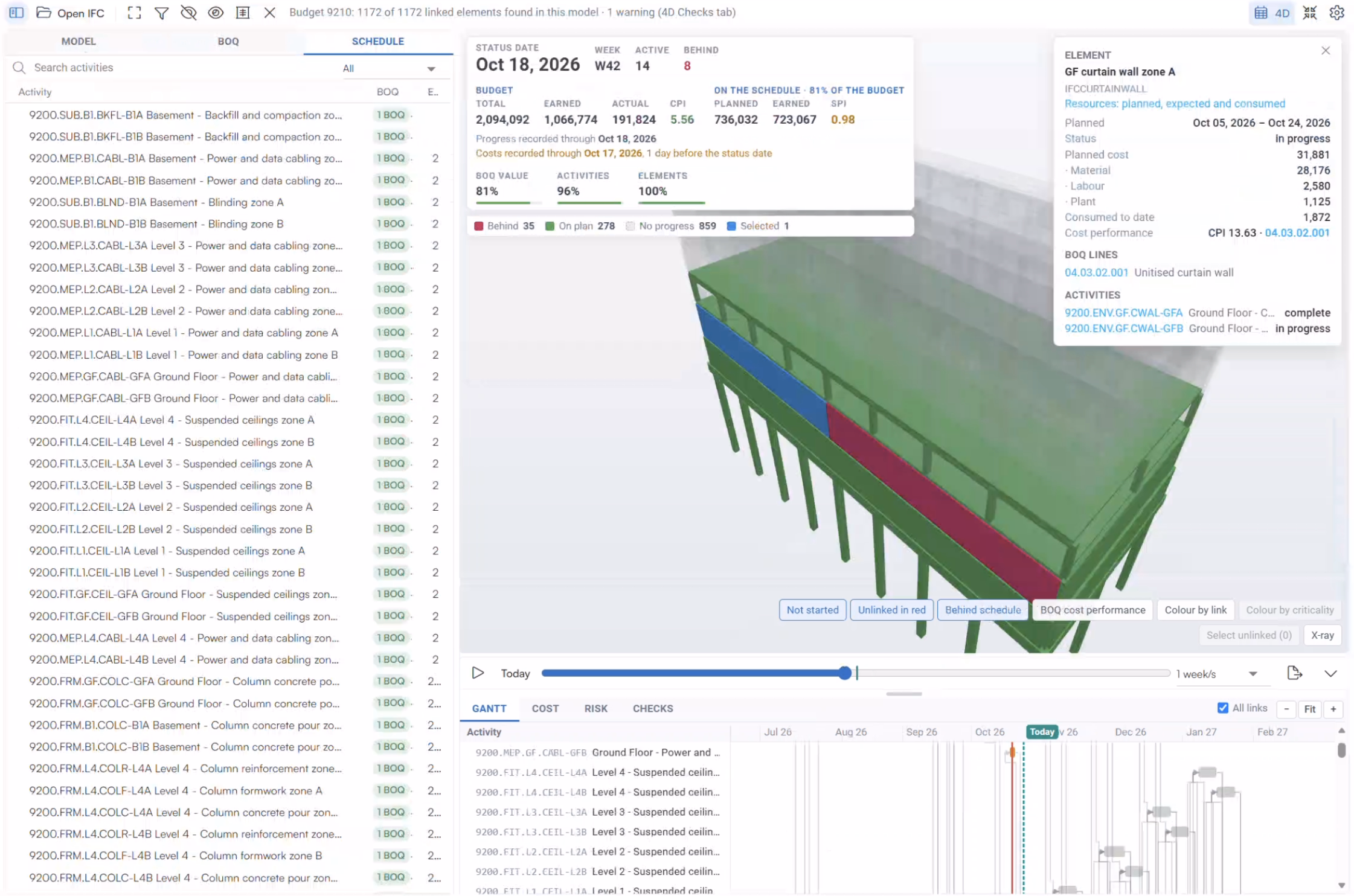 ProjectVIEW ERP connects BIM elements with BoQ lines, WBS activities, Gantt schedule, progress and cost performance.